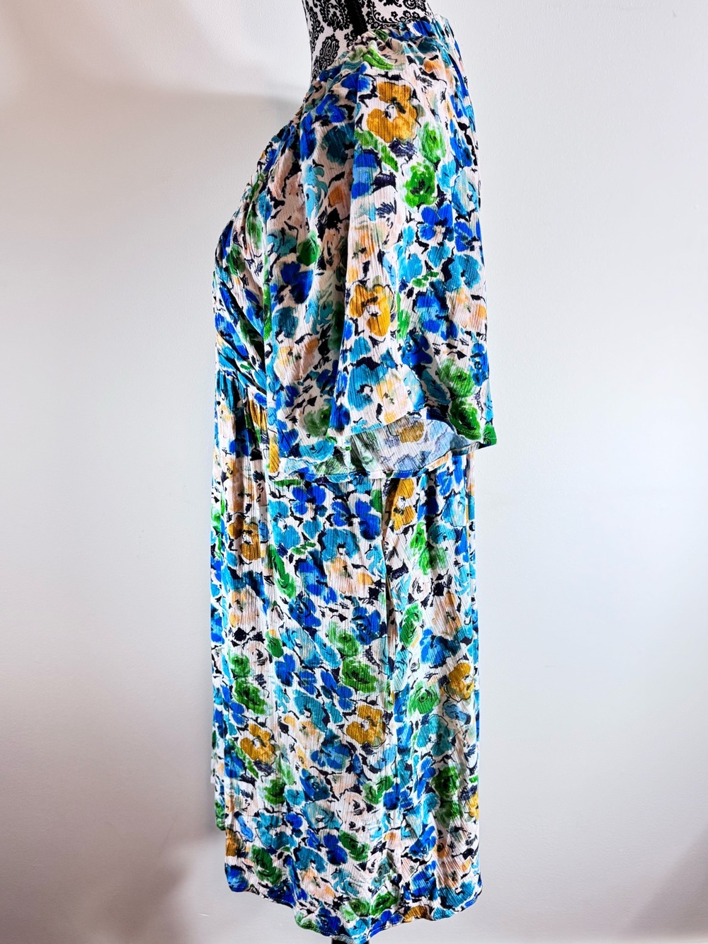 Millibon Floral V-Neck Short Sleeve Flowy Midi Dress in Blue & Green size L - Picture 5 of 9